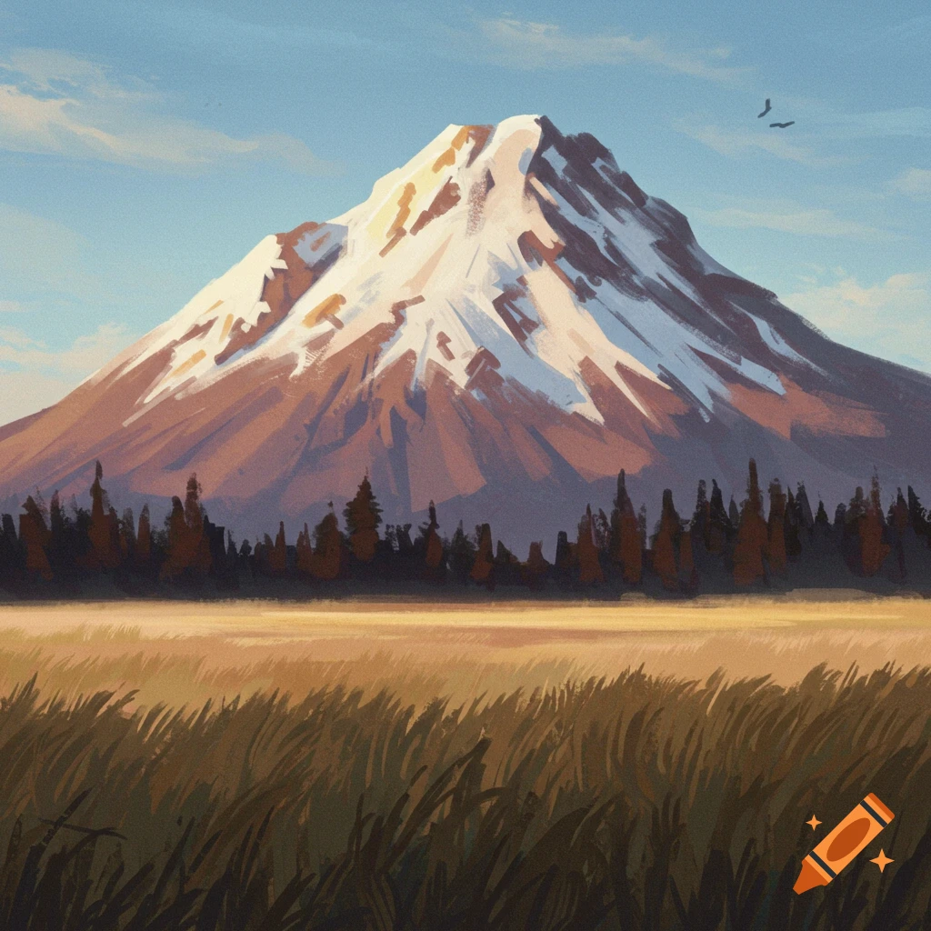 A snow-capped mountain behind dark trees and a field of golden grass.