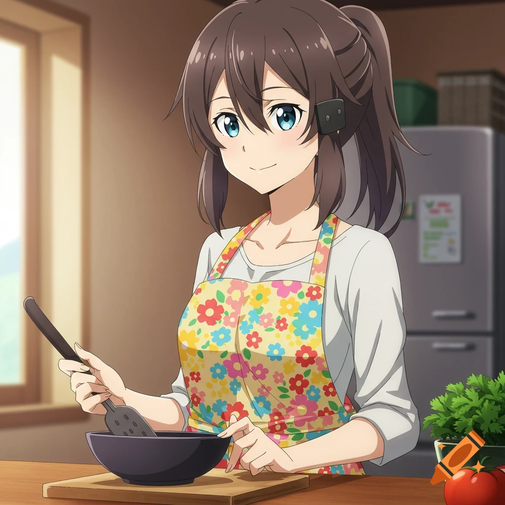 Anime girl in a floral apron cooking in a kitchen