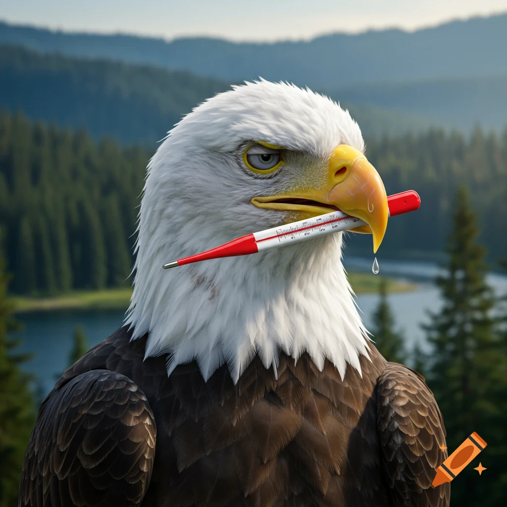 A bald eagle with a thermometer in its beak stands in a forest landscape, looking unwell.