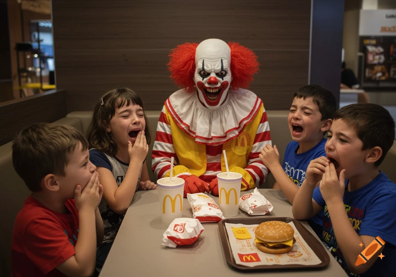 Scary clown sits at McDonald's table terrifying crying children