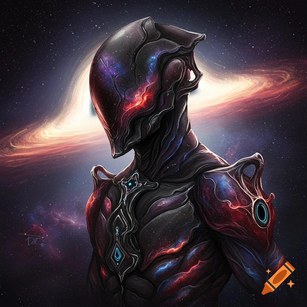 Character in dark, cosmic-themed armor against a starry background with a galaxy.