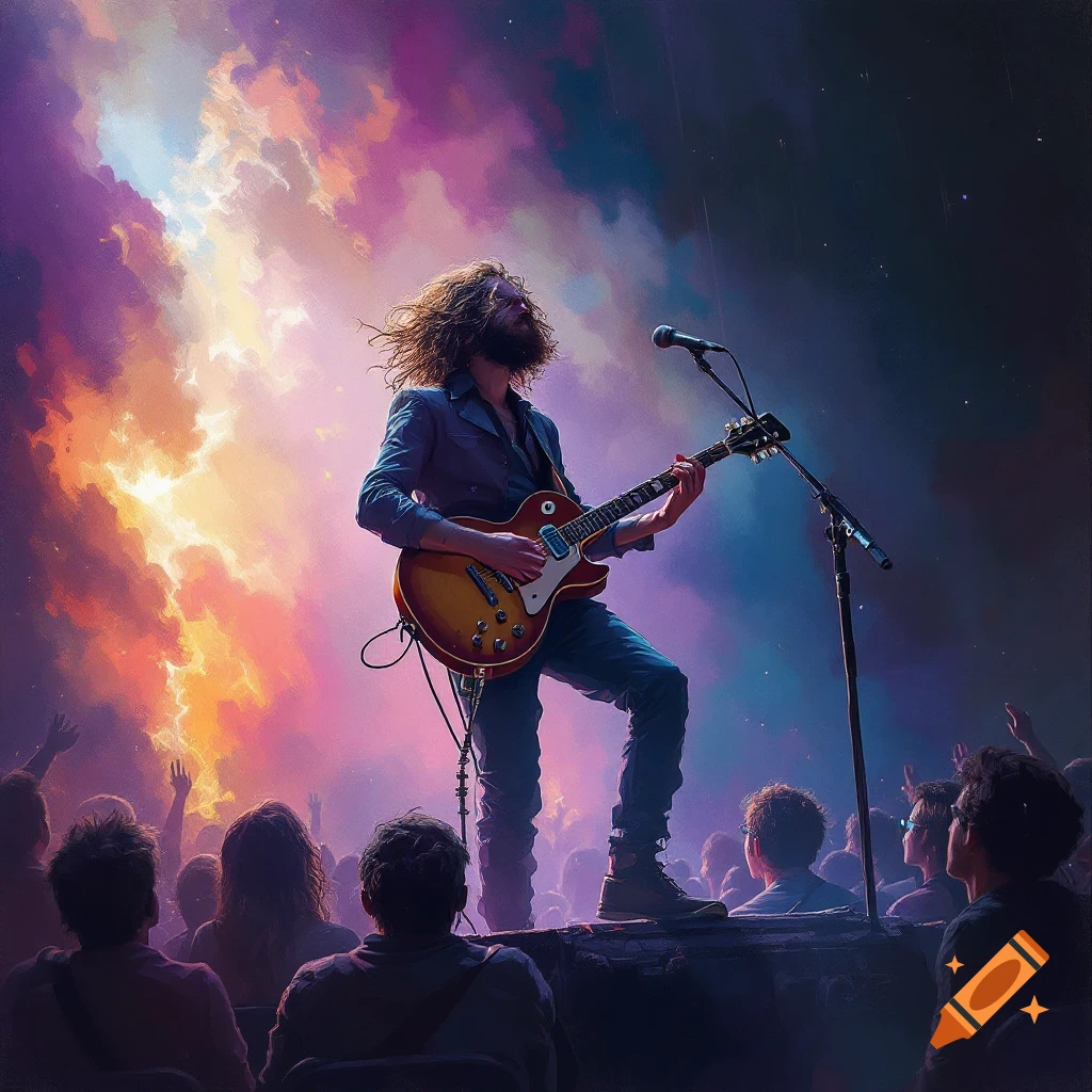 A guitarist on stage performing for a crowd under a dramatic sky.