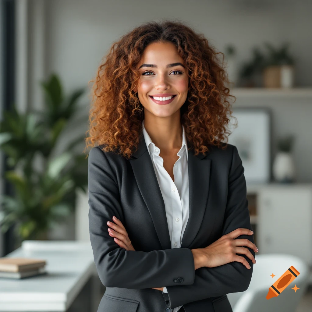 A photorealistic portrait of a professional woman with curly hair standing in an office with crossed arms.