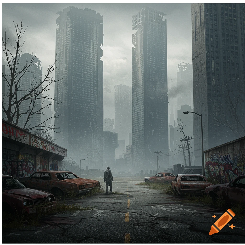 A lone figure standing on a road in a ruined city with abandoned cars, destroyed buildings, and graffiti.