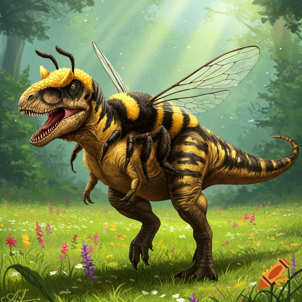 A dinosaur with yellow and black bee stripes, bee antenna, wings, and legs standing in a field of wildflowers.