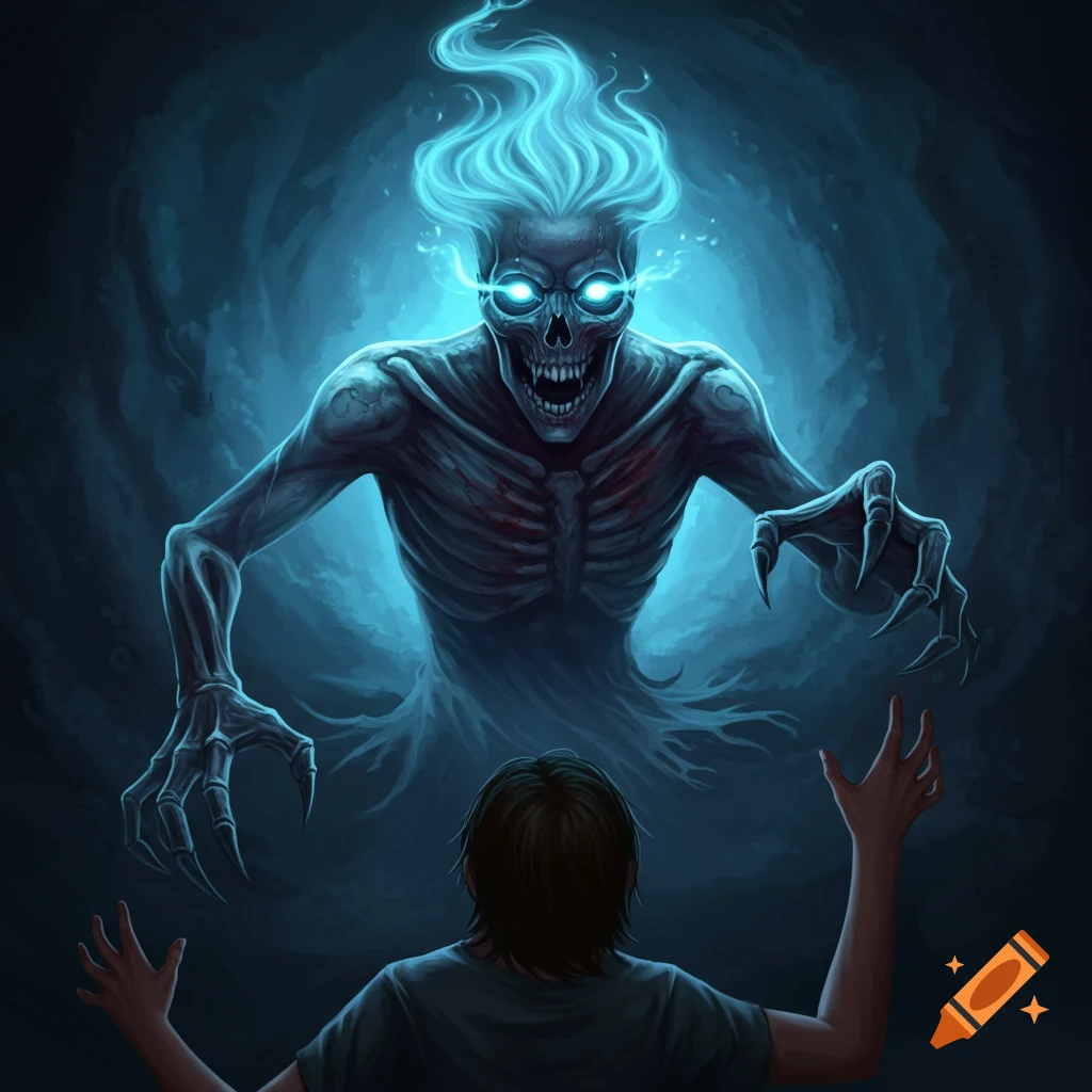 A skeletal blue spirit with glowing eyes looms over a person with raised hands.