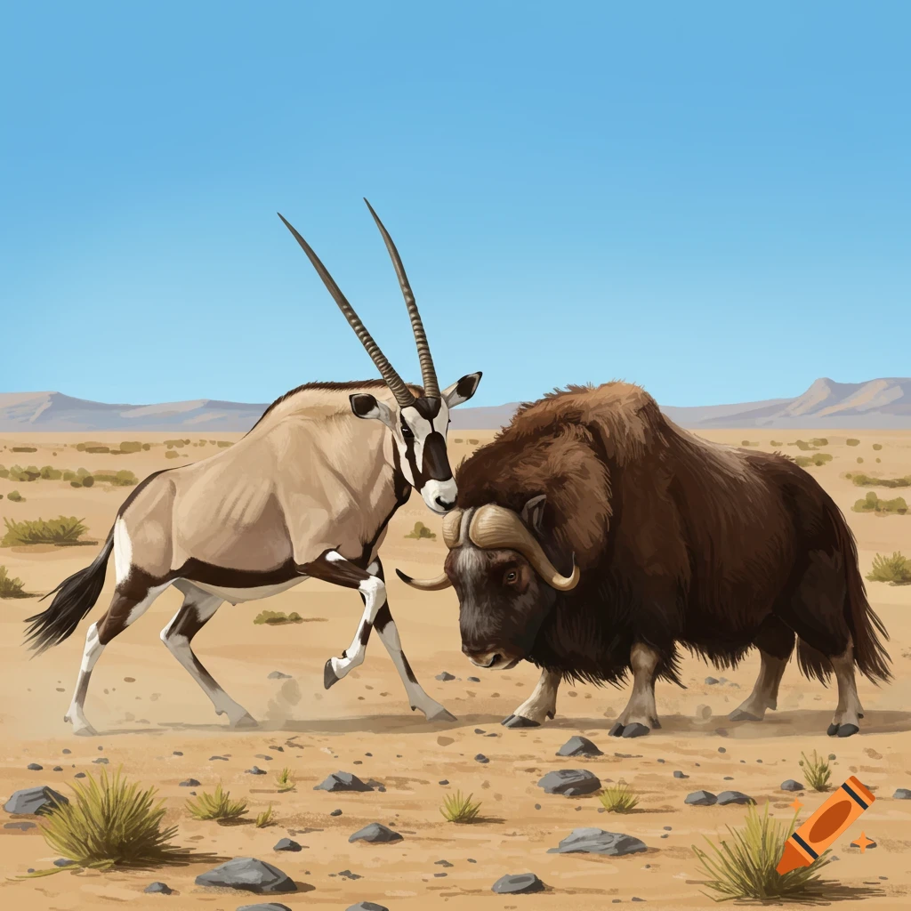 A gemsbok and a musk ox fighting in a desert landscape.