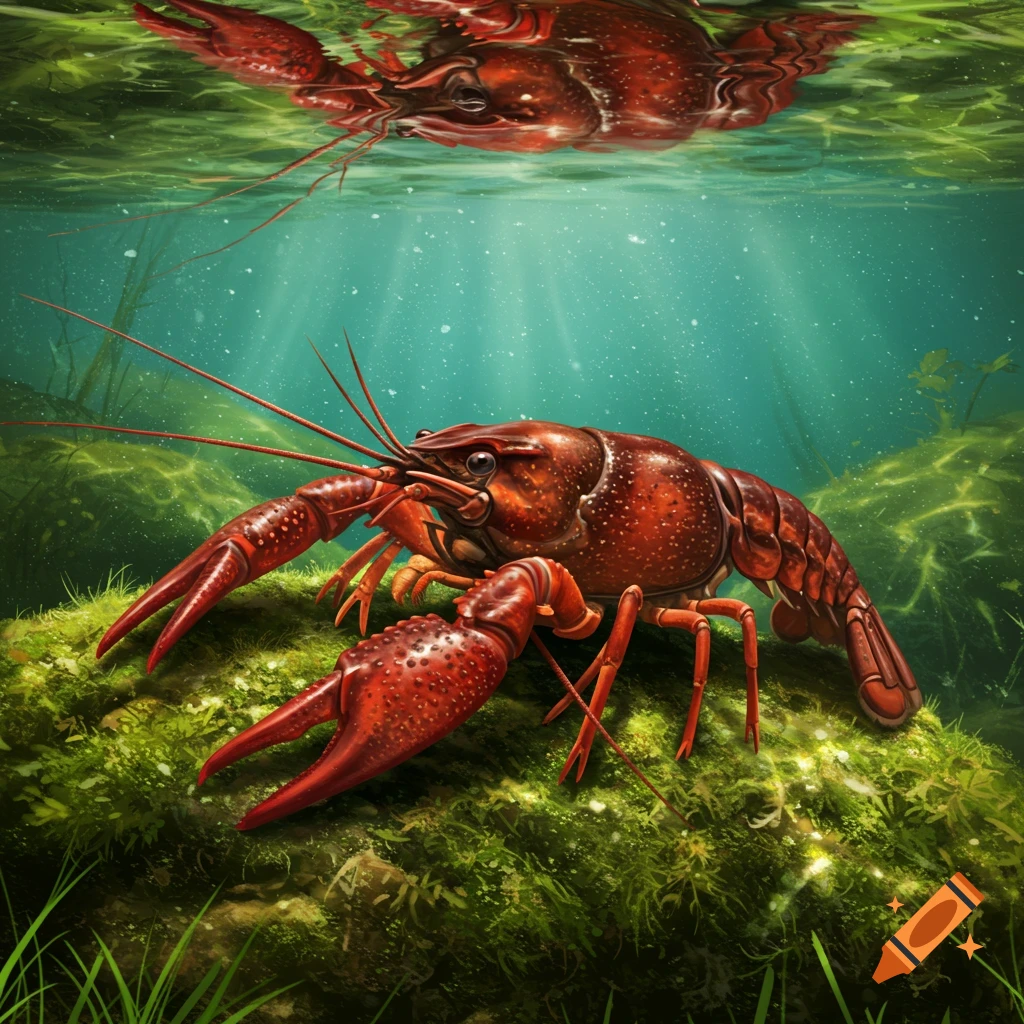 A red crayfish on a rock underwater, with its reflection on the surface.