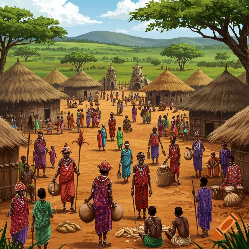 A vibrant African village marketplace with people in traditional attire and thatched huts.