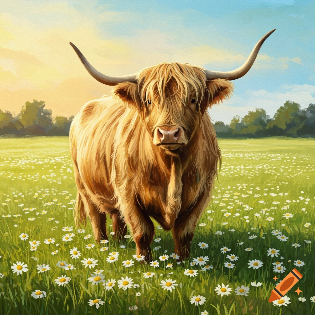 Highland cow standing in a field of daisies
