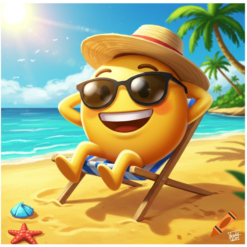 A yellow emoji with sunglasses and a straw hat lounges in a beach chair on a sandy beach under a sunny sky.
