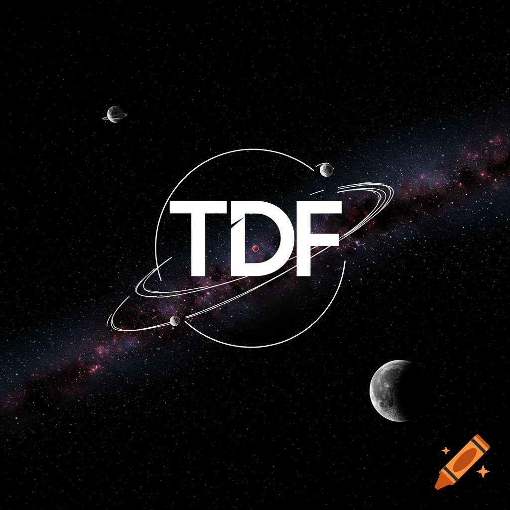 Logo with letters TDF in space, surrounded by orbits, stars, planets, and a crescent moon.