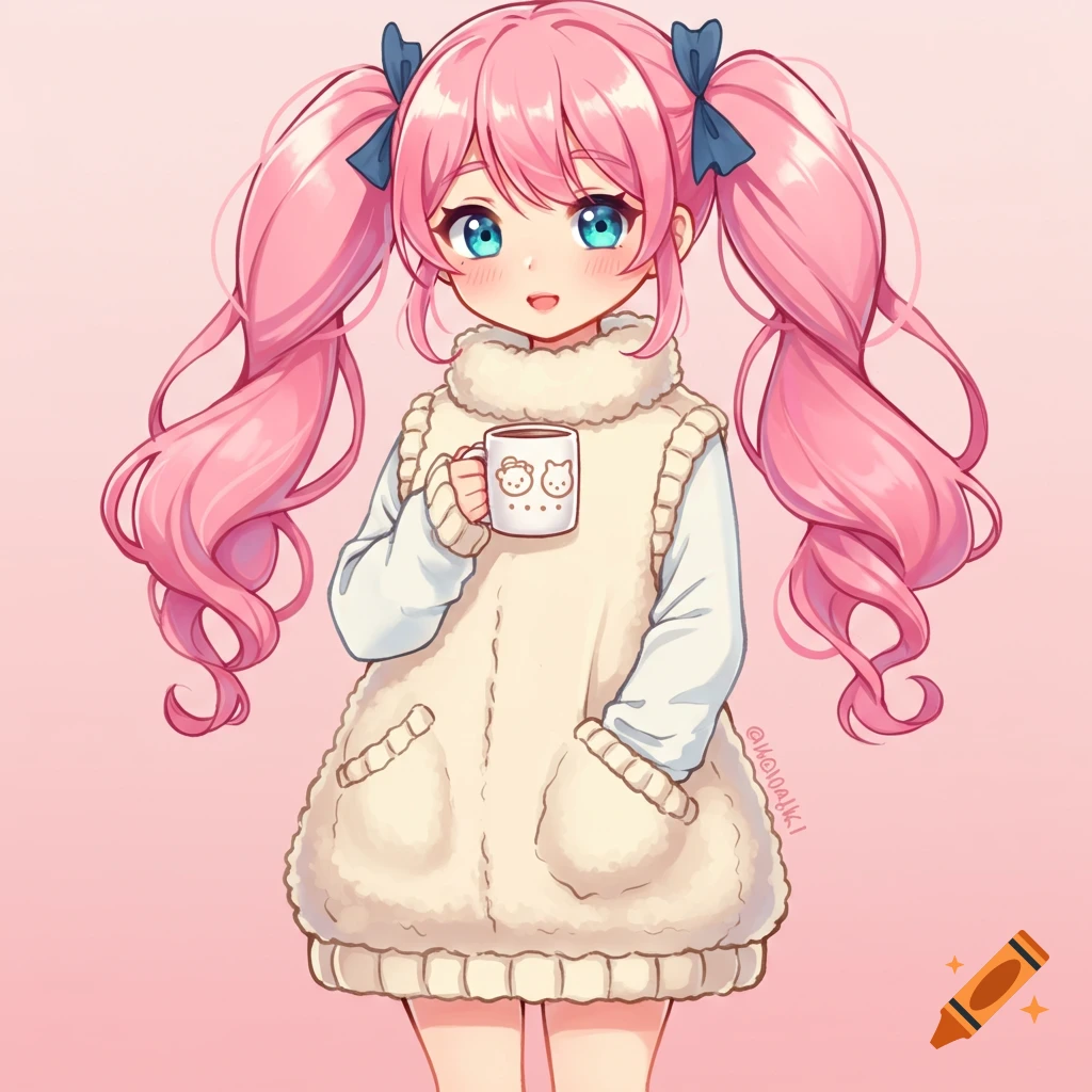 Anime girl with pink pigtails in a fluffy sweater vest holding a mug with cat faces.