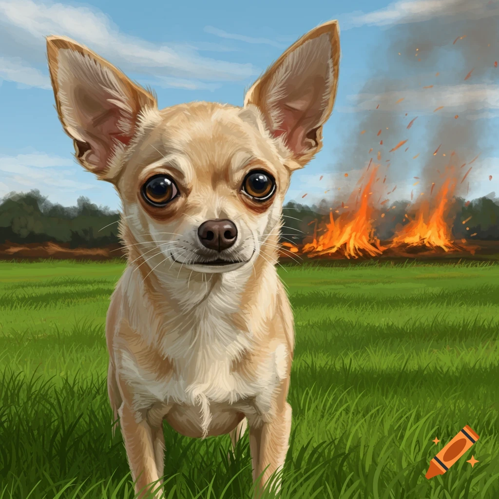 A chihuahua in a grassy field with a fire in the background.