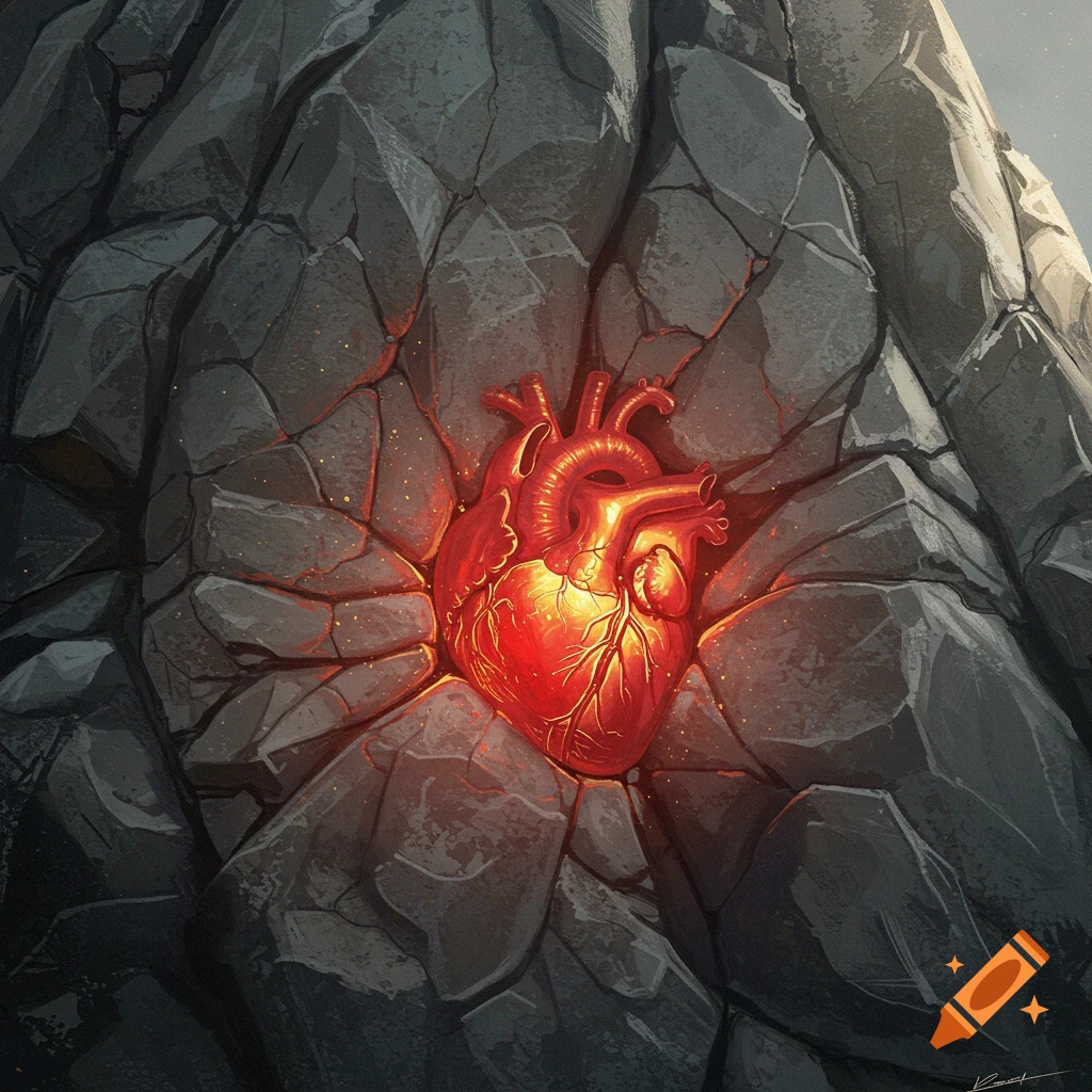 A glowing red anatomical heart embedded in dark rock.