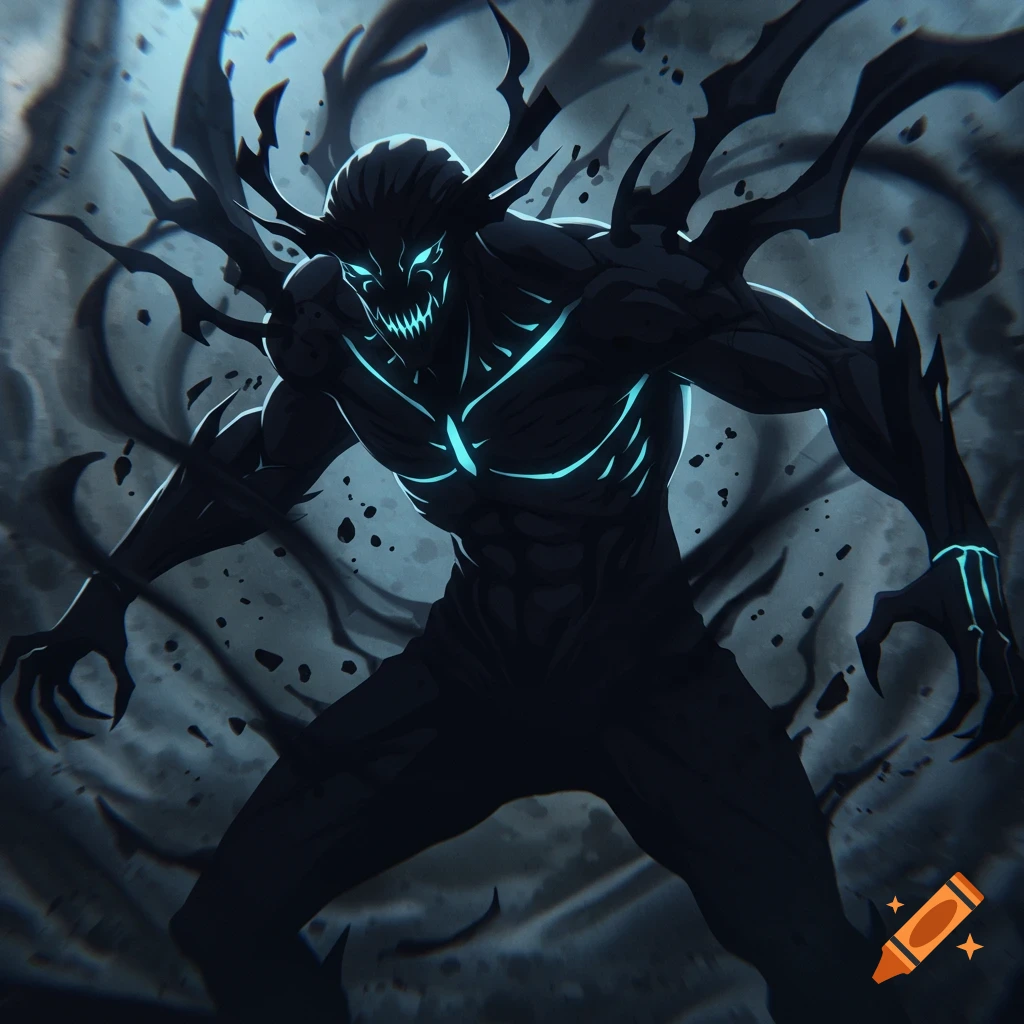 A dark, shadowy creature with glowing blue eyes and chest lines, sharp teeth, and spiky protrusions stands in a misty, dark environment.
