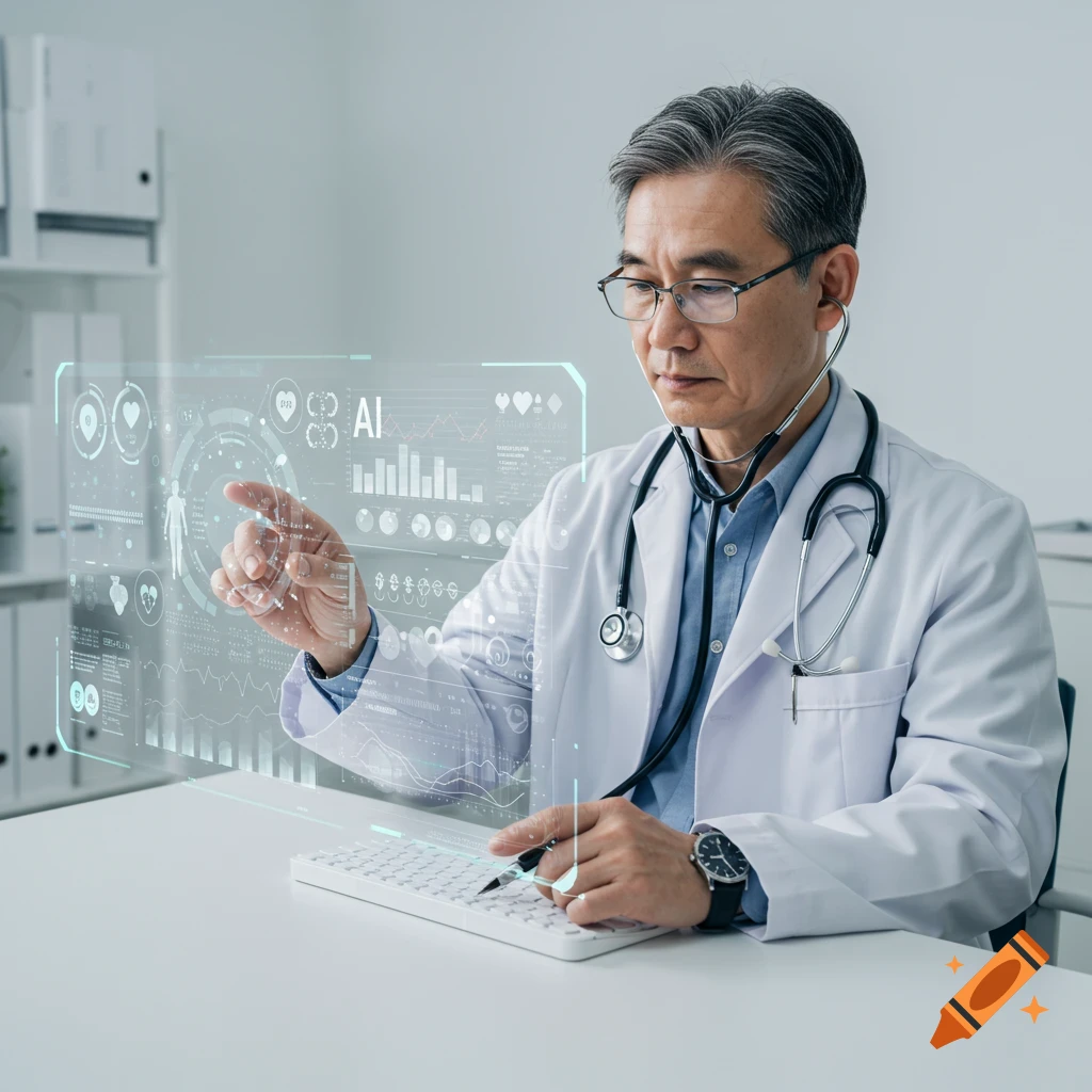 A doctor uses a holographic AI diagnostic screen showing health analytics data.