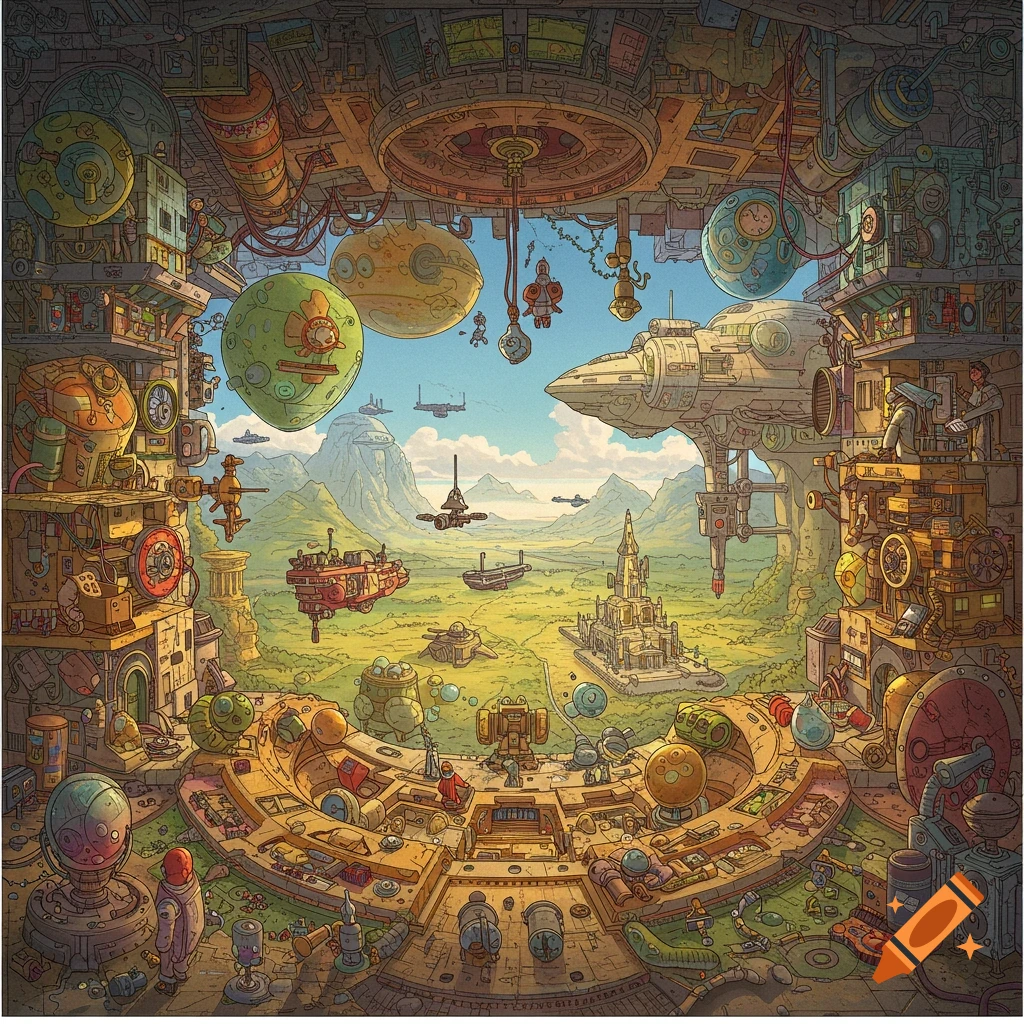 Detailed illustration of a complex sci-fi landscape with flying machines and foreground machinery.