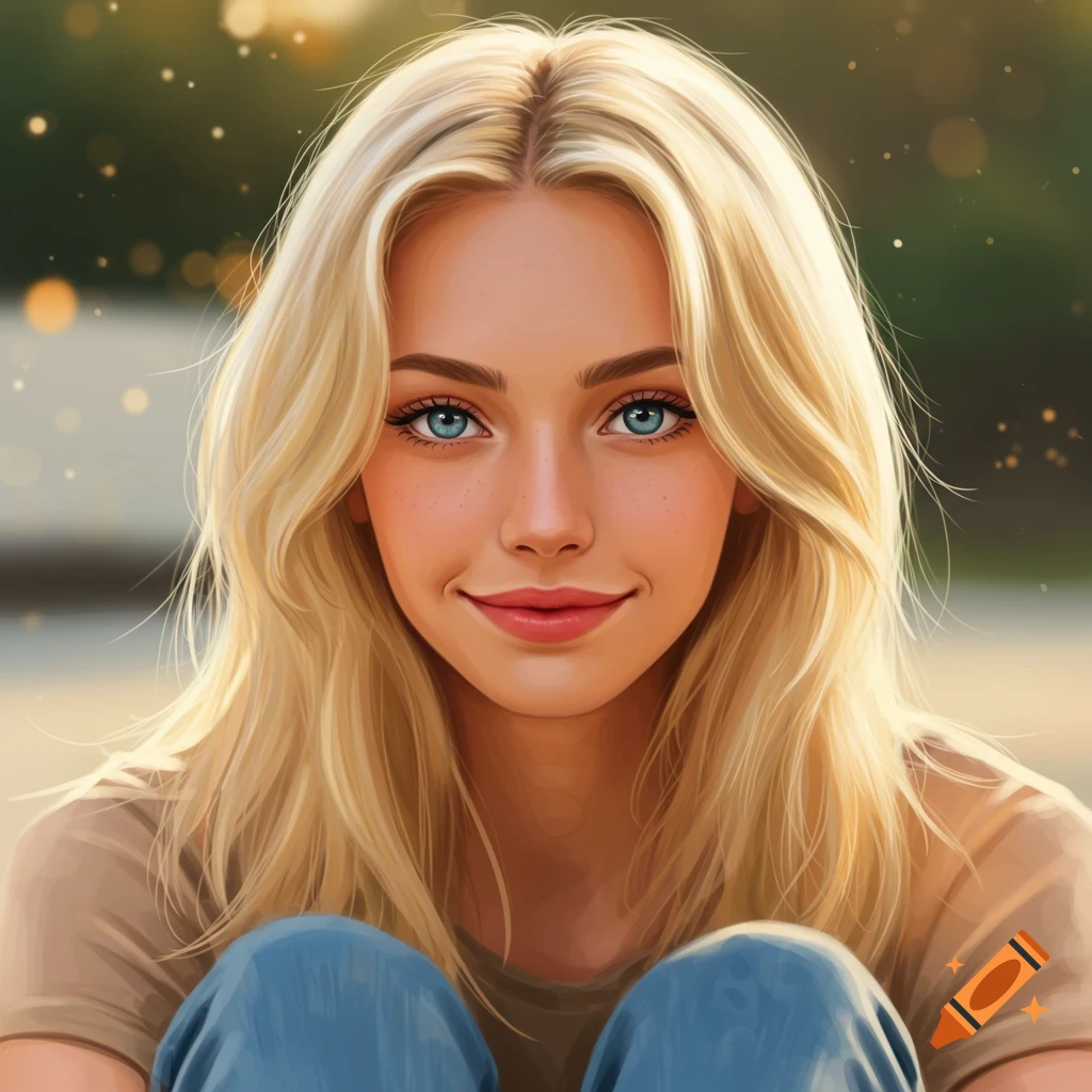 Close-up of a young woman with blonde hair and blue eyes smiling outdoors.