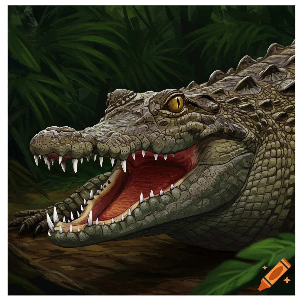A crocodile opening its mouth in a jungle.