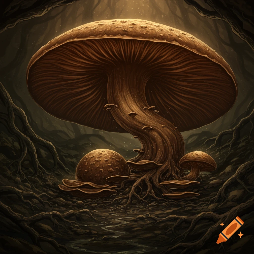 A giant brown mushroom sits among tangled roots in a dark forest.