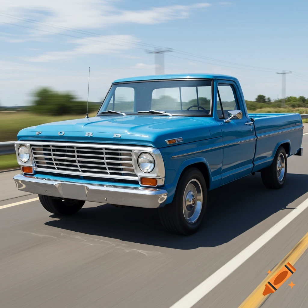 A blue vintage Ford pickup truck drives on a road.