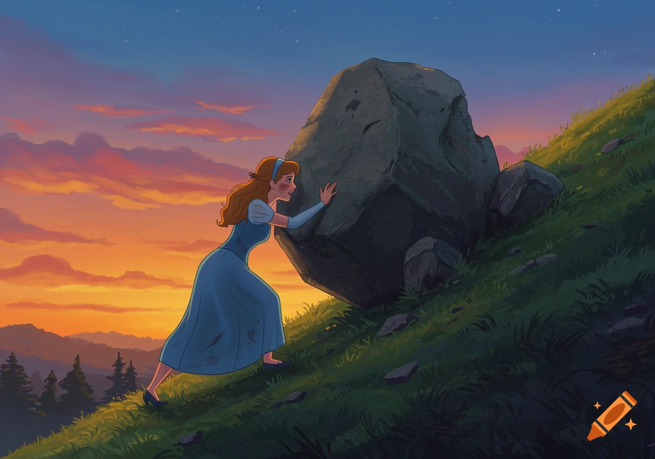 A woman resembling Cinderella pushes a large boulder up a steep hill at sunset, 2D digital art.