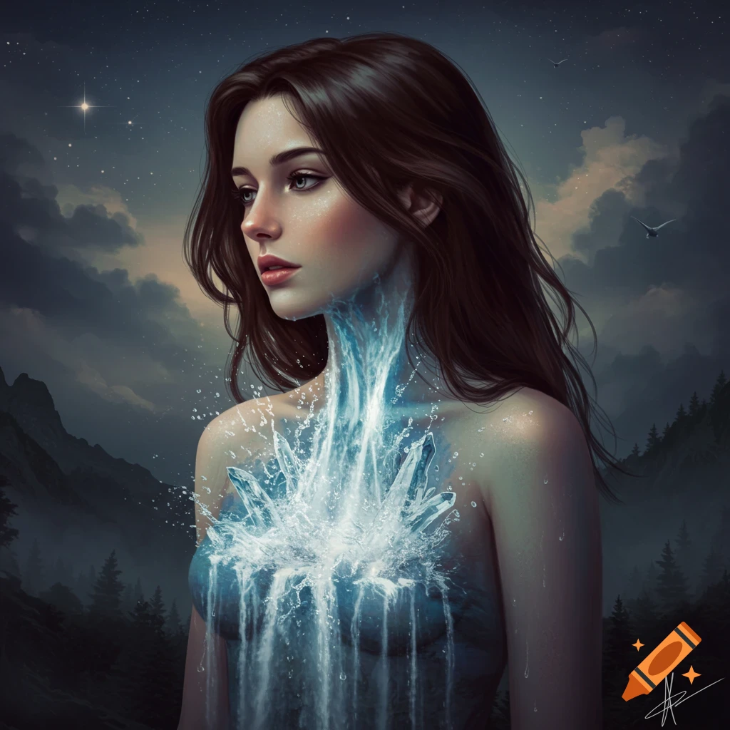 A woman stands under a starry night sky with mountains behind her. A waterfall and ice erupt from her chest.