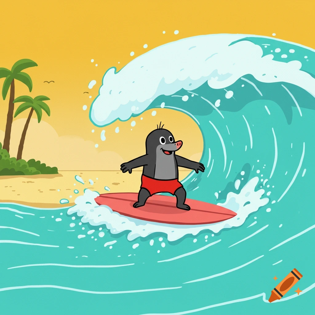 Cartoon mole surfing on a large wave at the beach.
