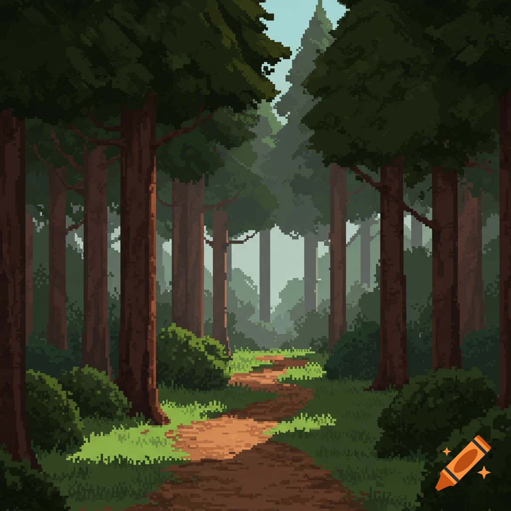 A pixel art path winding through a dense forest.