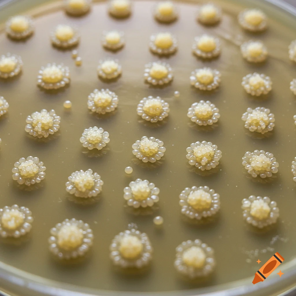 A close-up view of multiple yellowish microbial colonies growing on an agar plate.