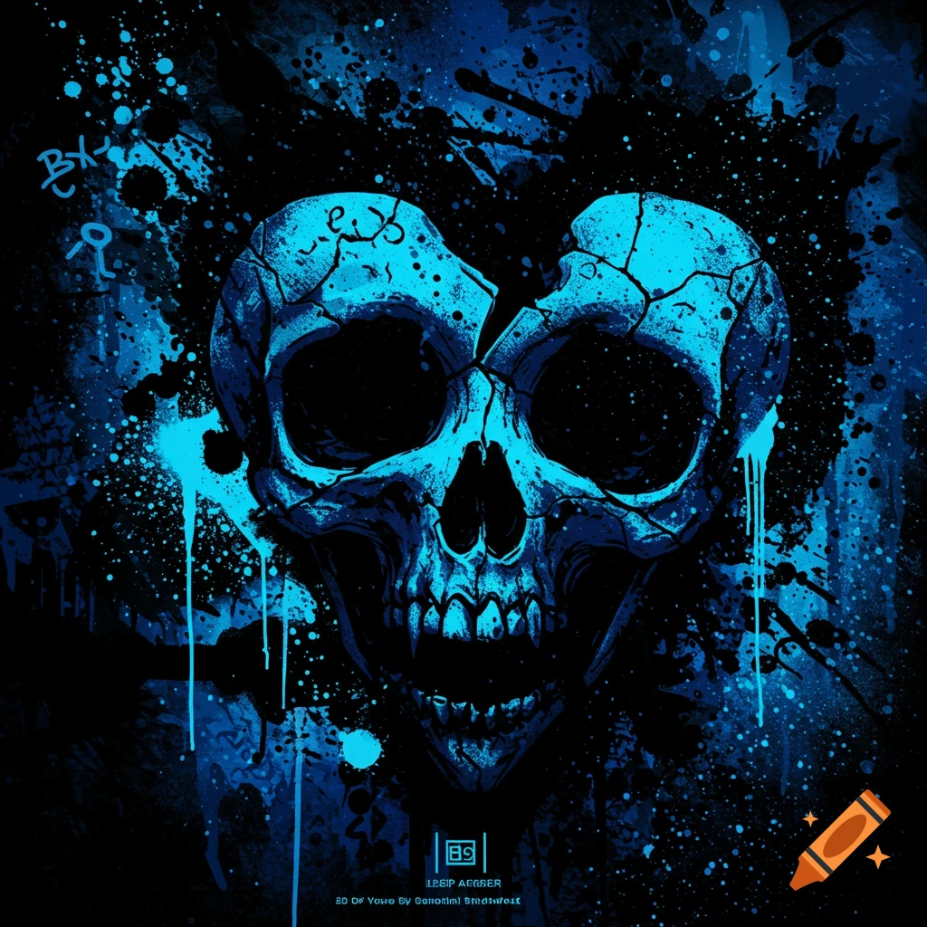 A blue skull with cracks and paint splatters on a black background in a punk art style.