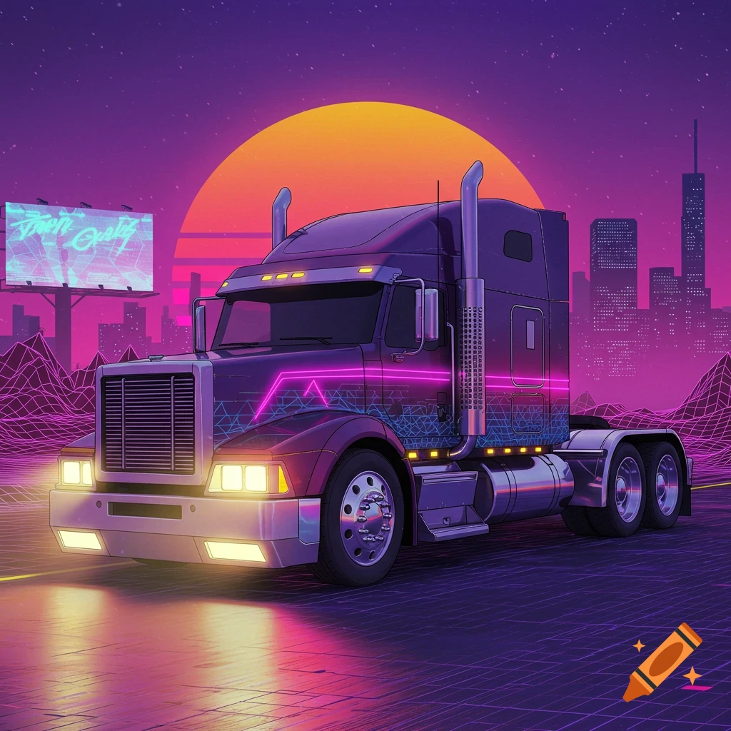 A retro-futuristic semi truck under a sunset with city skyline background