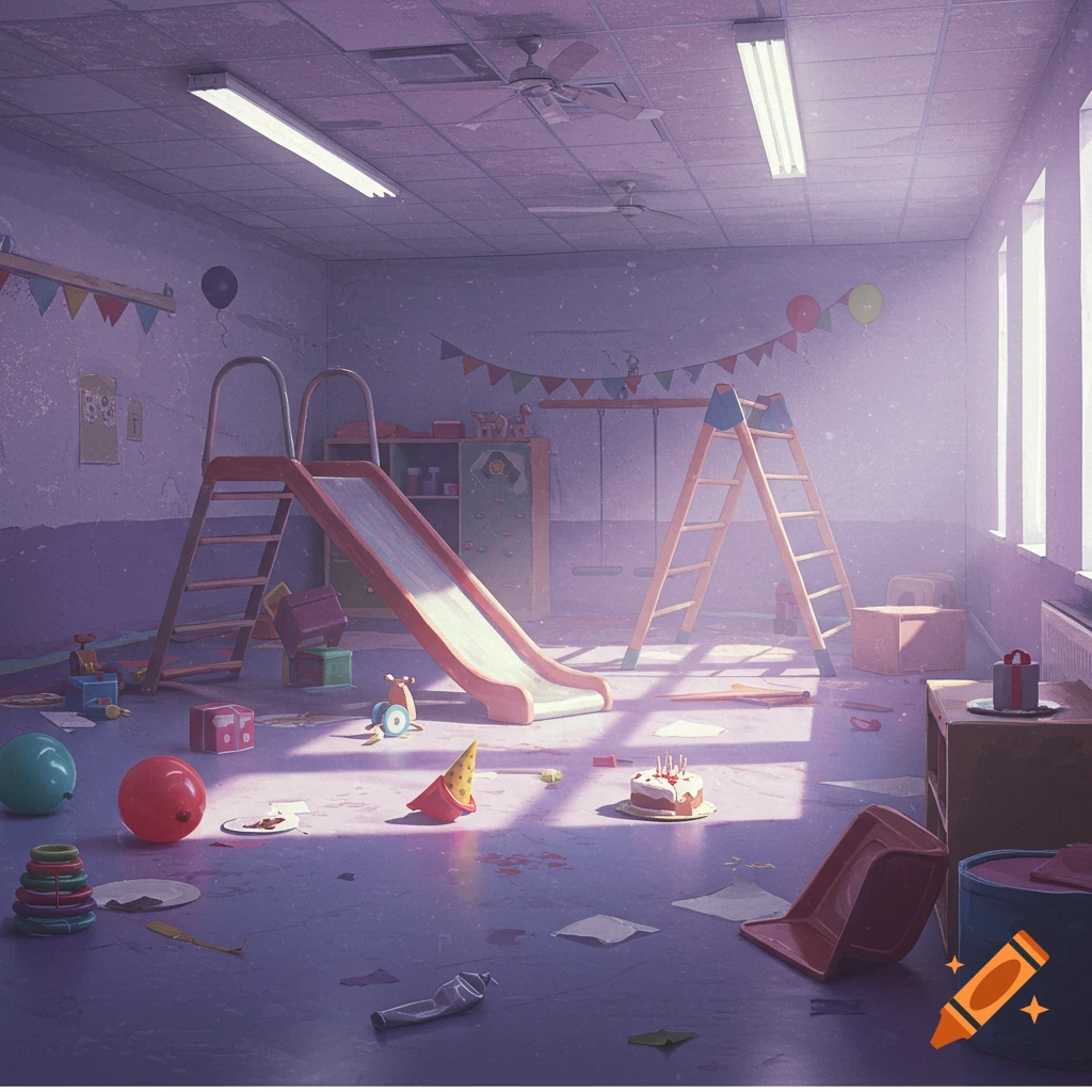 A messy, abandoned play place with a slide, toys, and balloons.