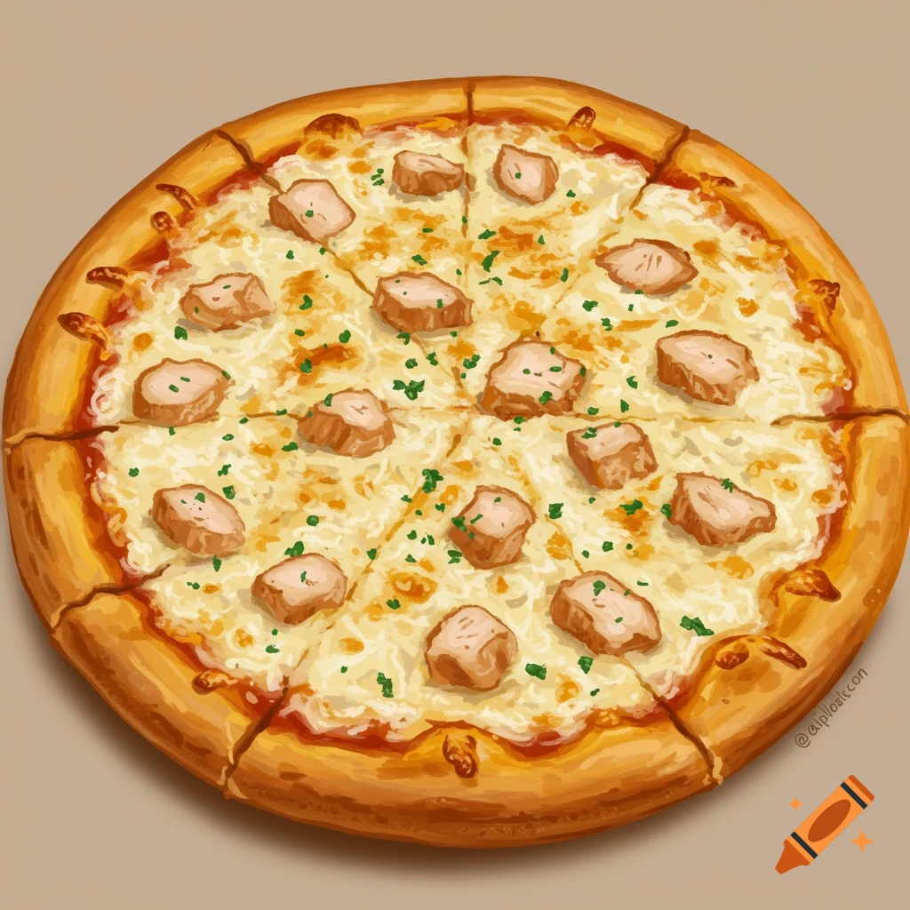 A top-down image of a chicken alfredo pizza.
