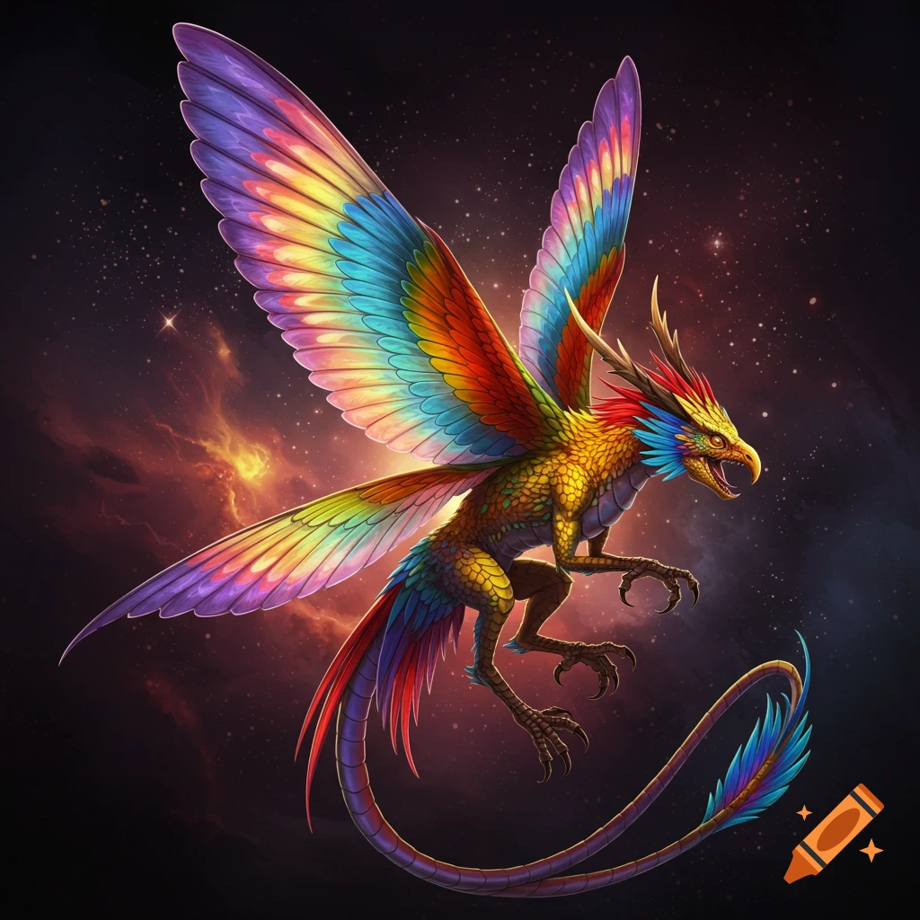 A vibrant fantasy creature with rainbow wings and tail flies in a starry sky. Digital art.