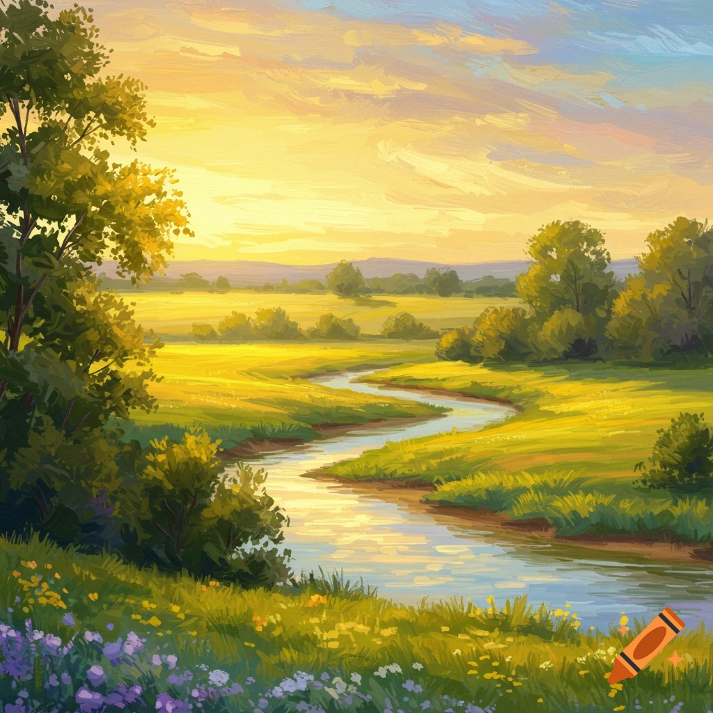 Impressionist painting of a river flowing through a golden field at sunset.