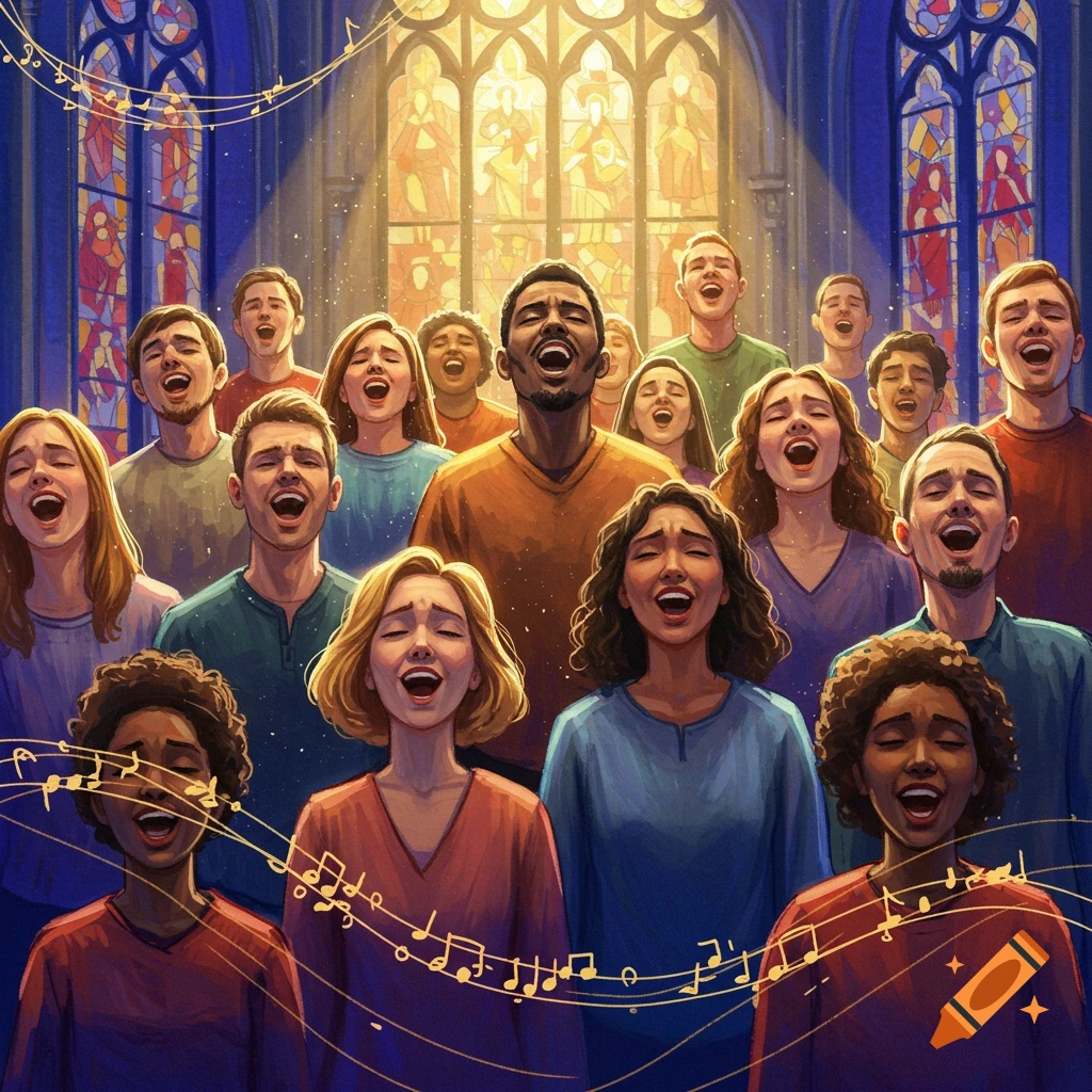 A diverse choir sings passionately in a church with stained glass windows.