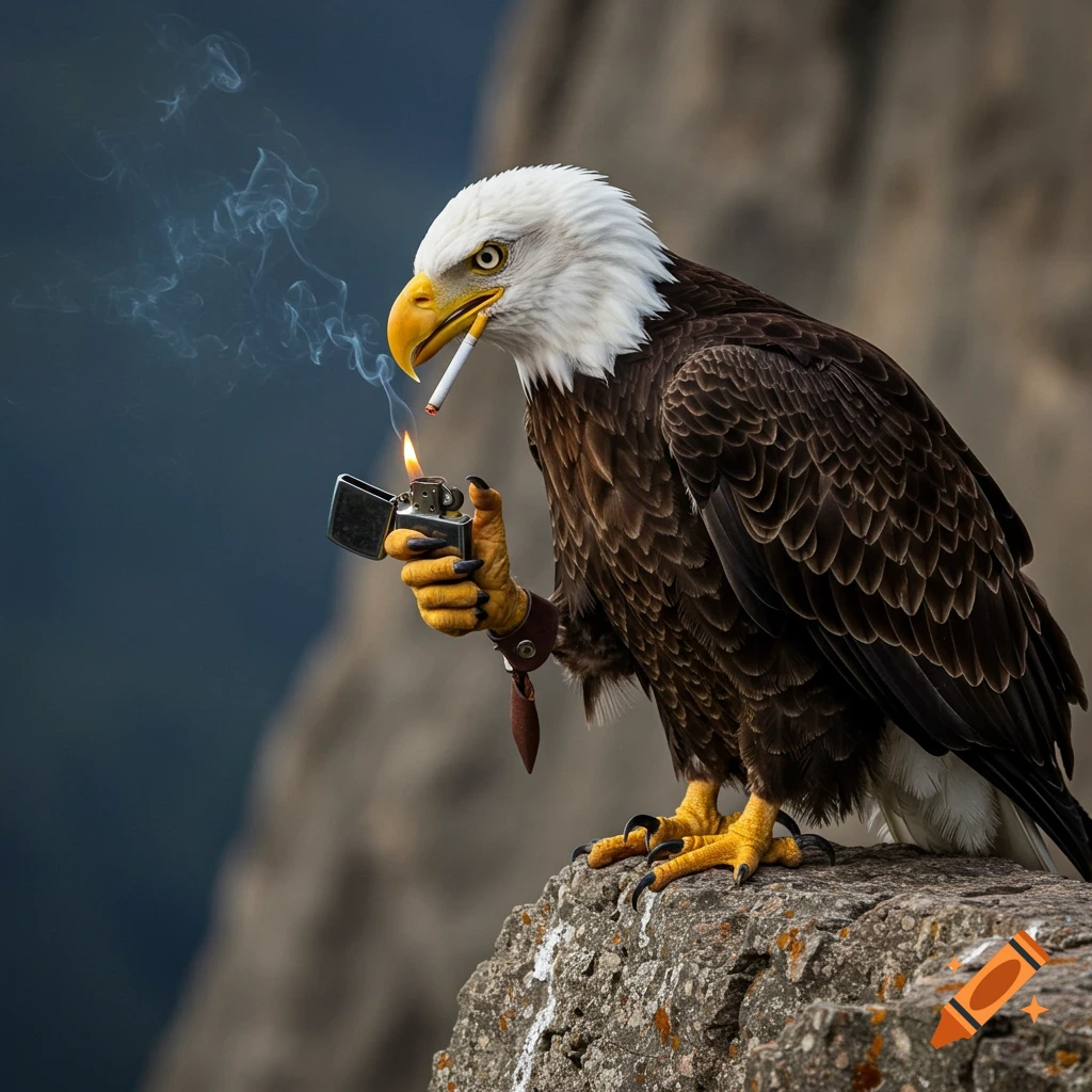 Photorealistic image of a bald eagle holding a lighter and lighting a cigarette on a cliff.
