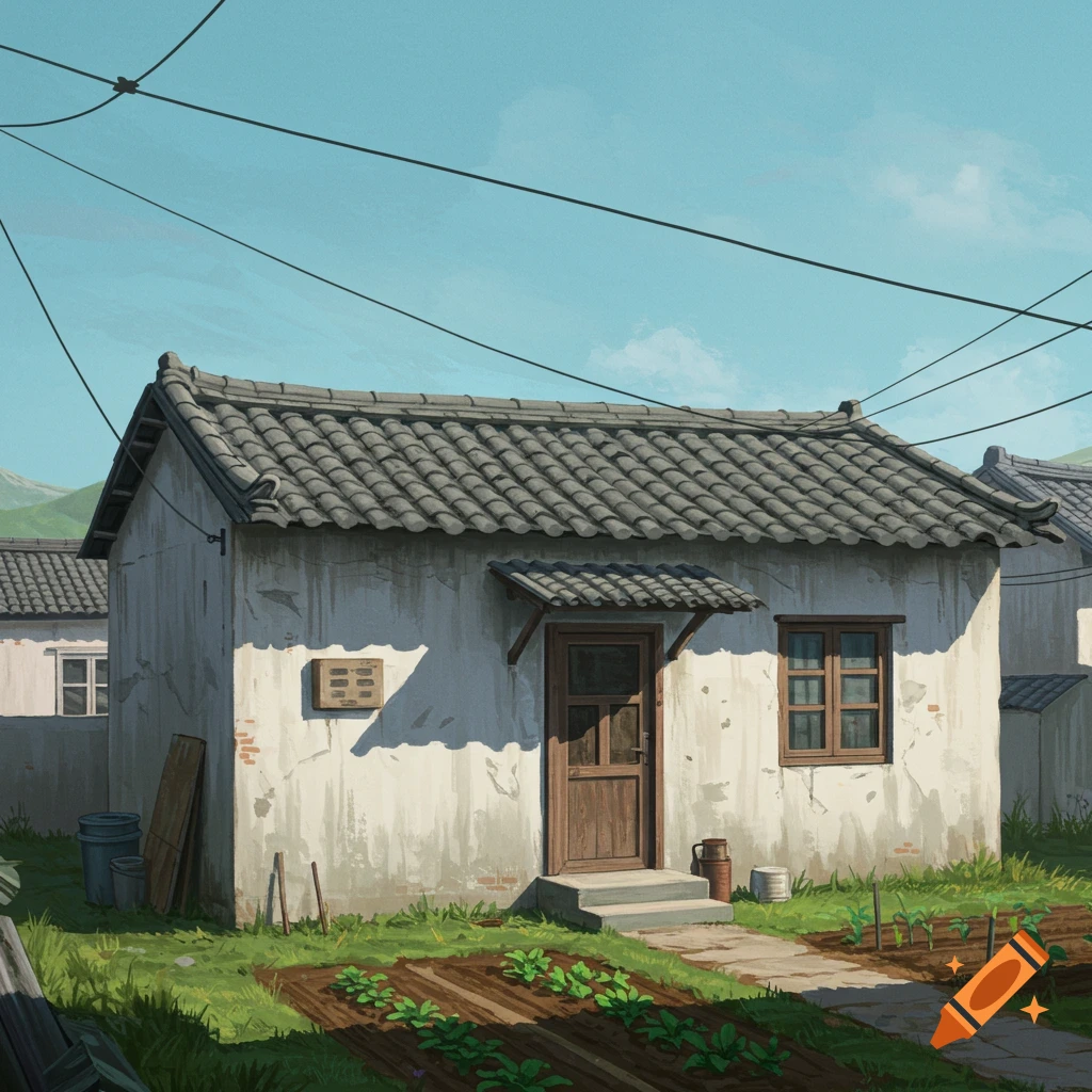 A small rural house with a garden under power lines.