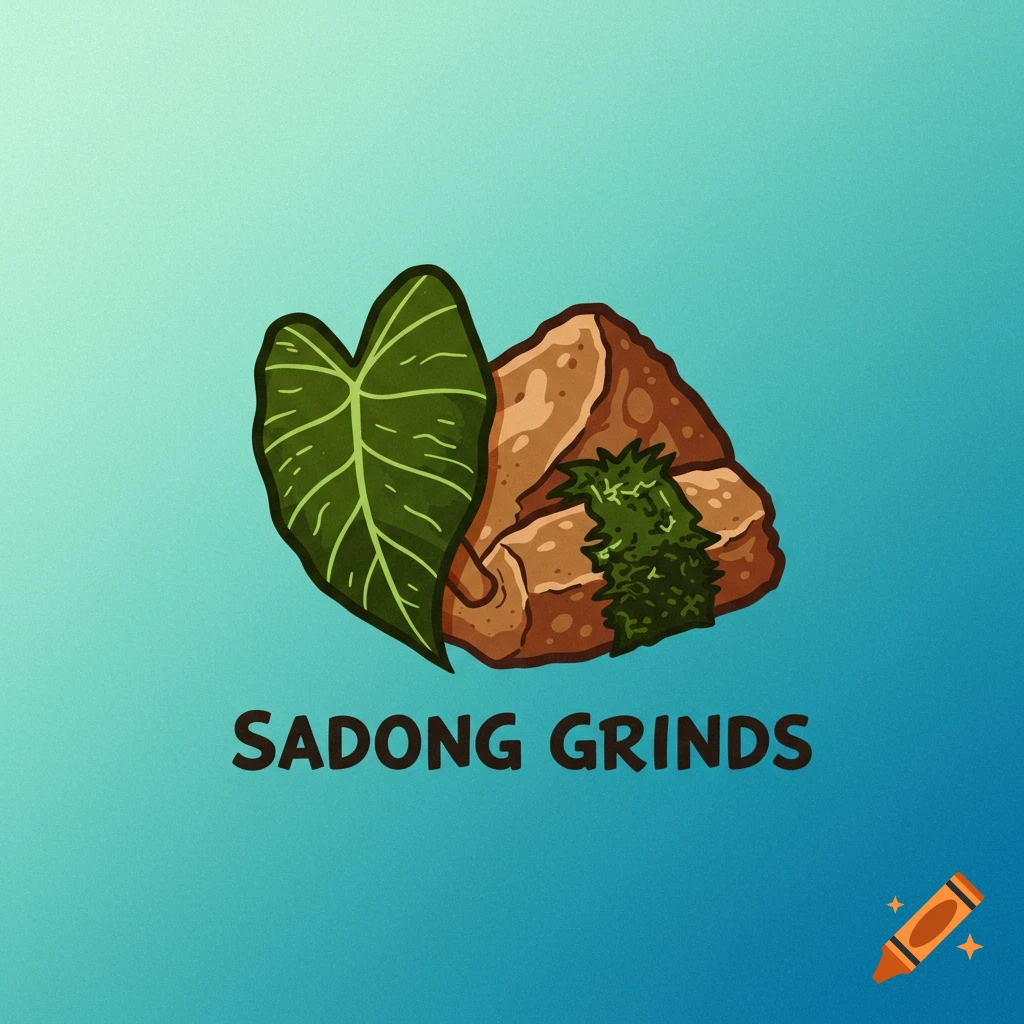 Illustration of a green taro leaf and brown food items with the text "Sadong Grinds" below.