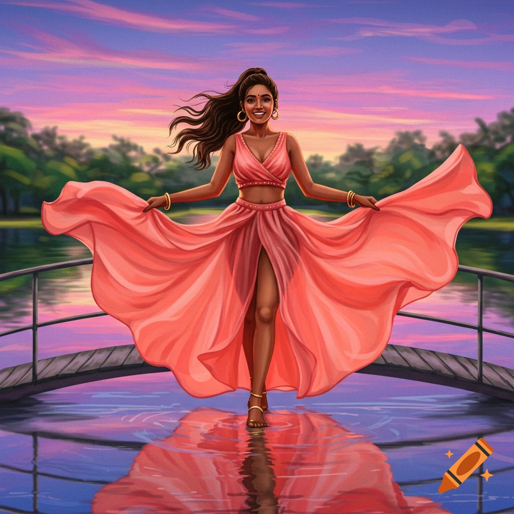 A woman in a flowing dress stands on a bridge over water at sunset