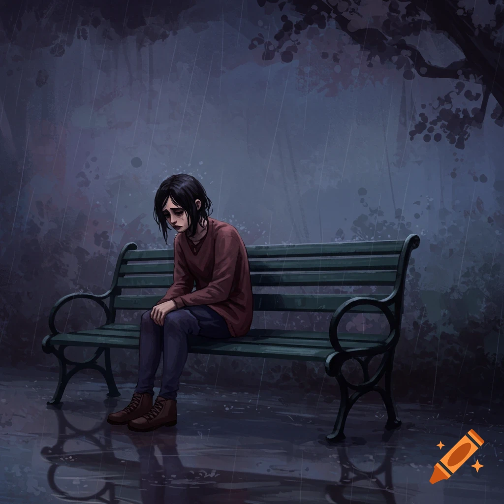 A lonely person sits slumped on a park bench in the rain.