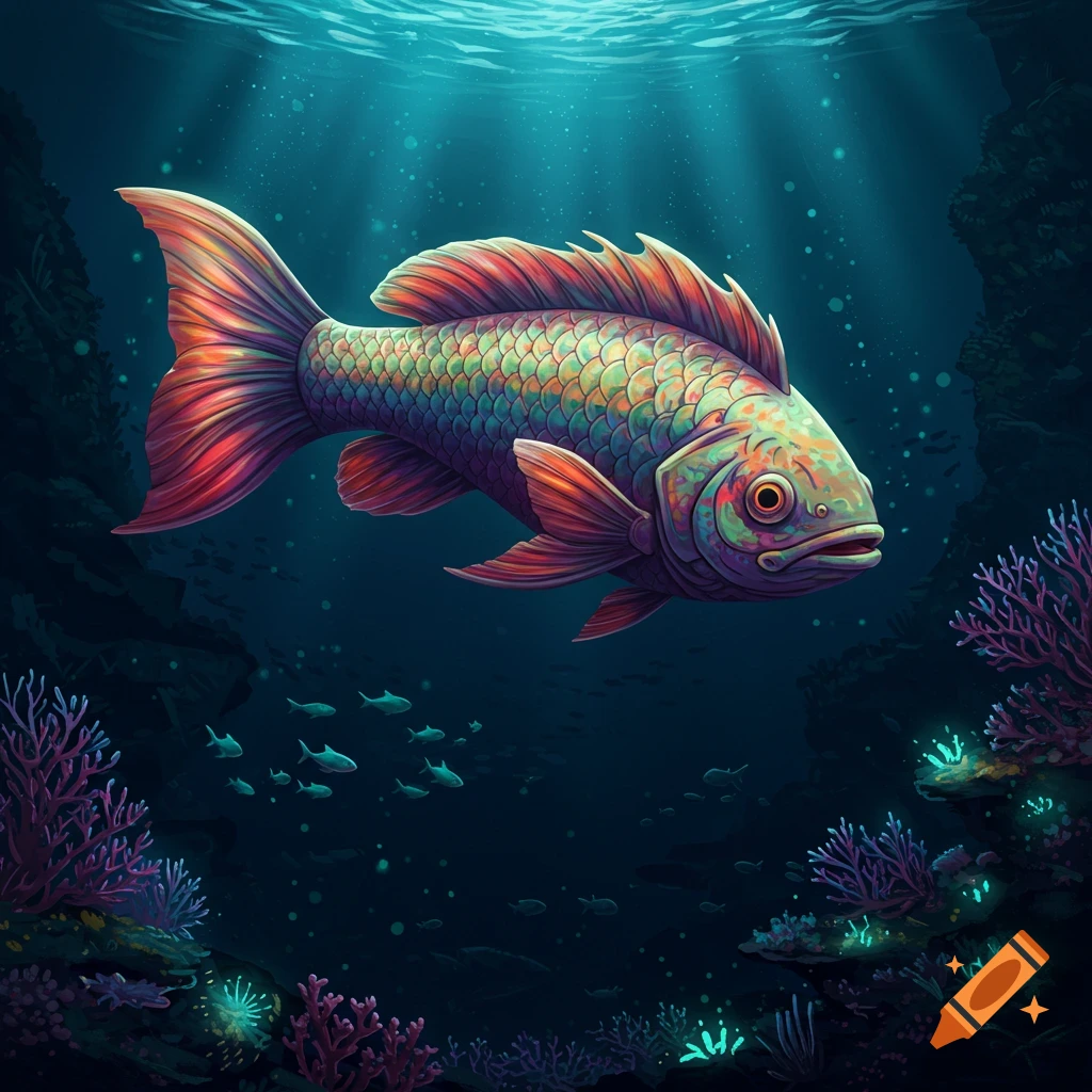 A large, colorful fish swims underwater near coral reefs and rocks.