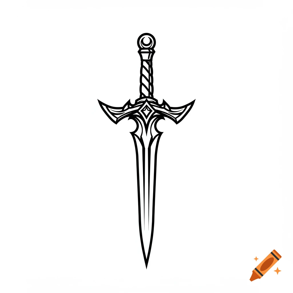 Black and white outline illustration of a stylized warrior sword logo.