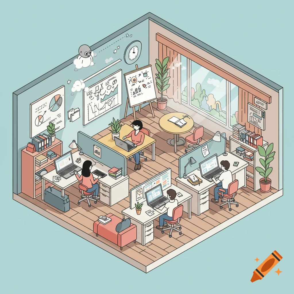 Isometric vector illustration of a small office with workers, desks, and charts