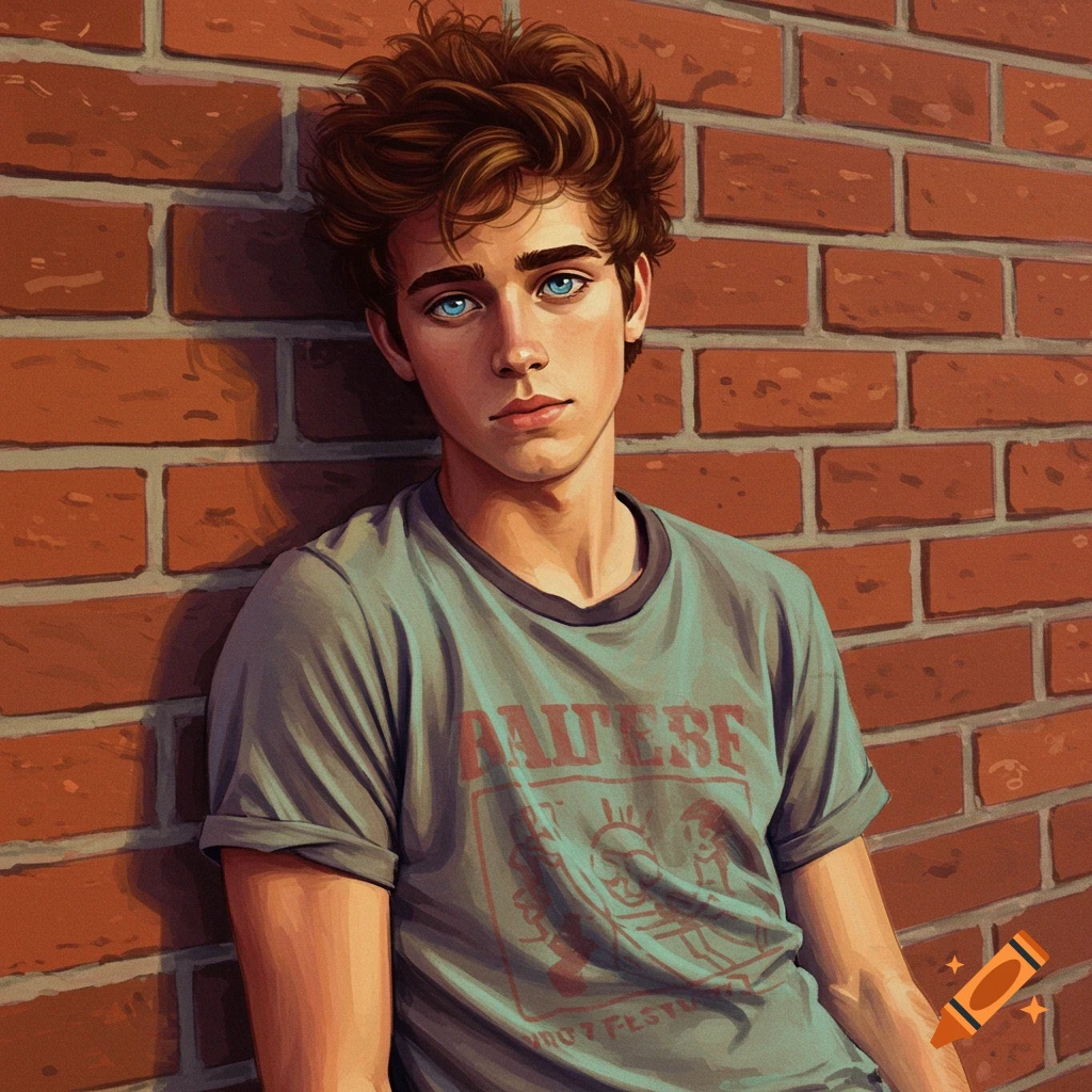 A young man with brown hair and blue eyes leaning against a brick wall.