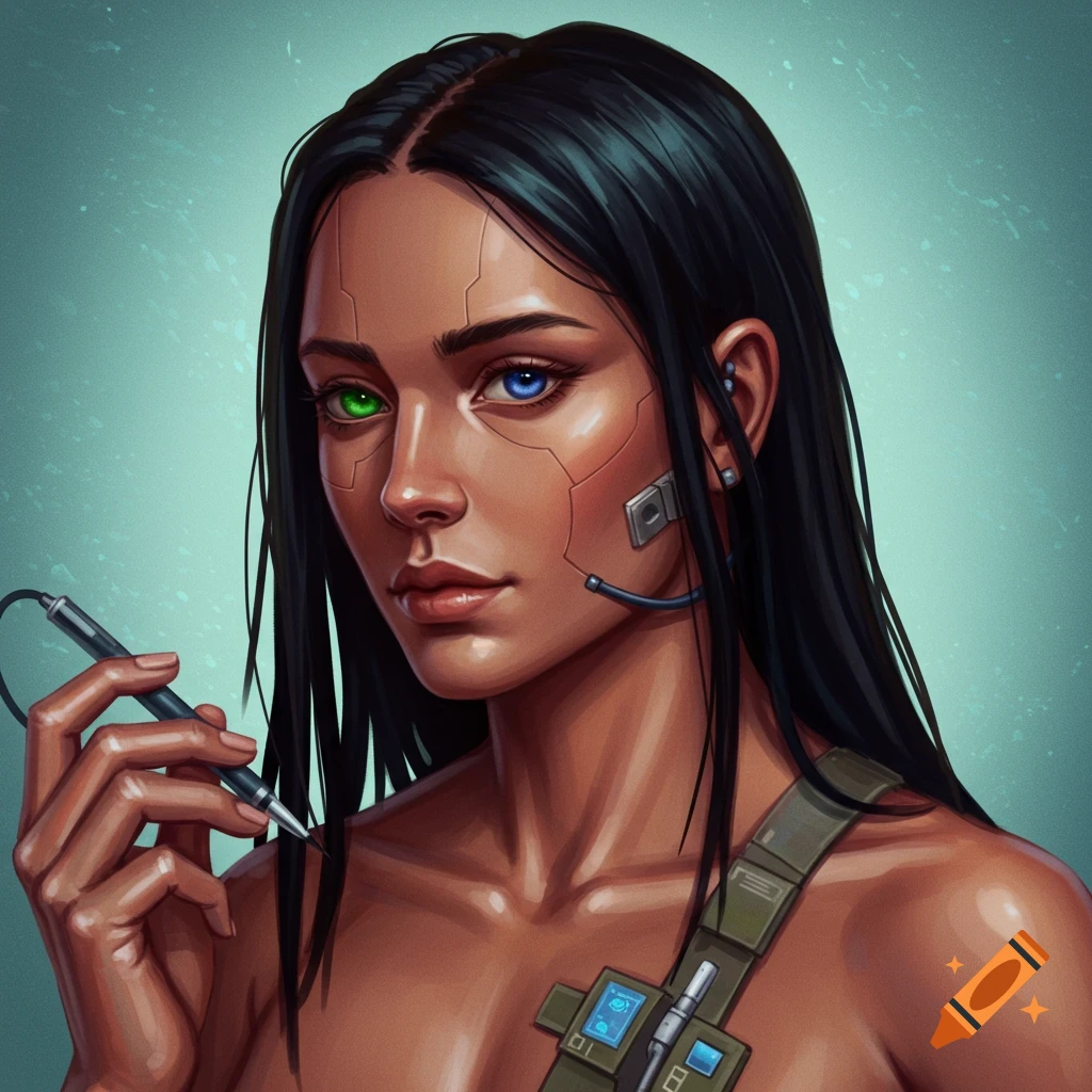 A futuristic woman with different colored eyes, cybernetic implants, and tactical gear, holding a stylus.