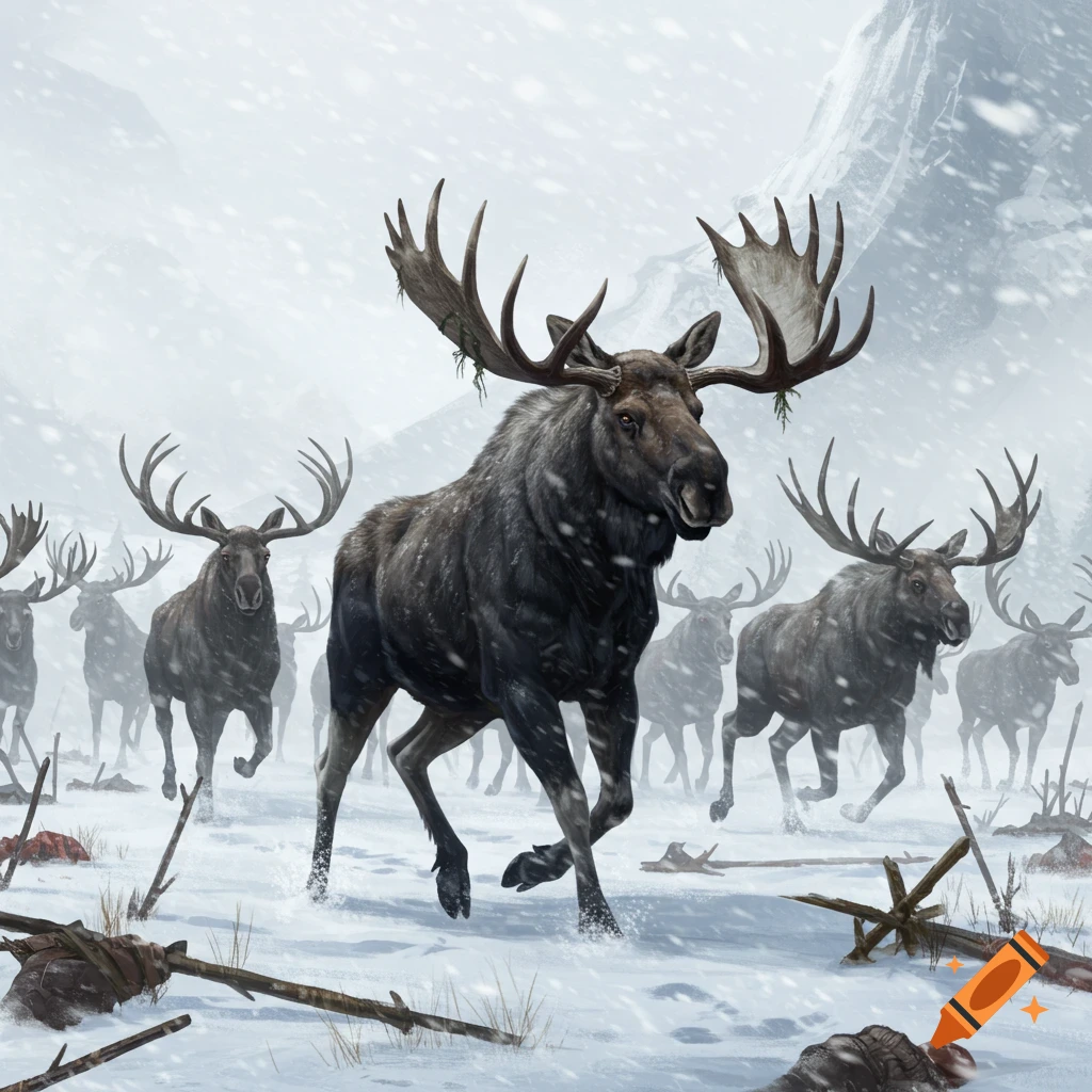 An army of moose running in a snowy mountain landscape.
