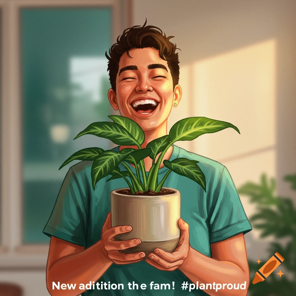 A young person laughing and holding a potted plant